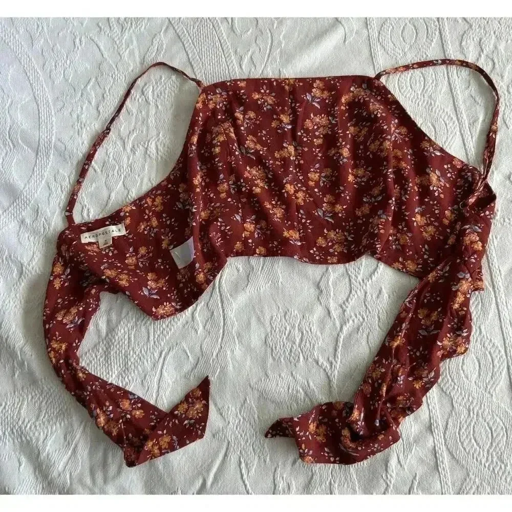 Floral Red Crop Top & High Waisted Pants Set Boho Festival Aeropostale Size M